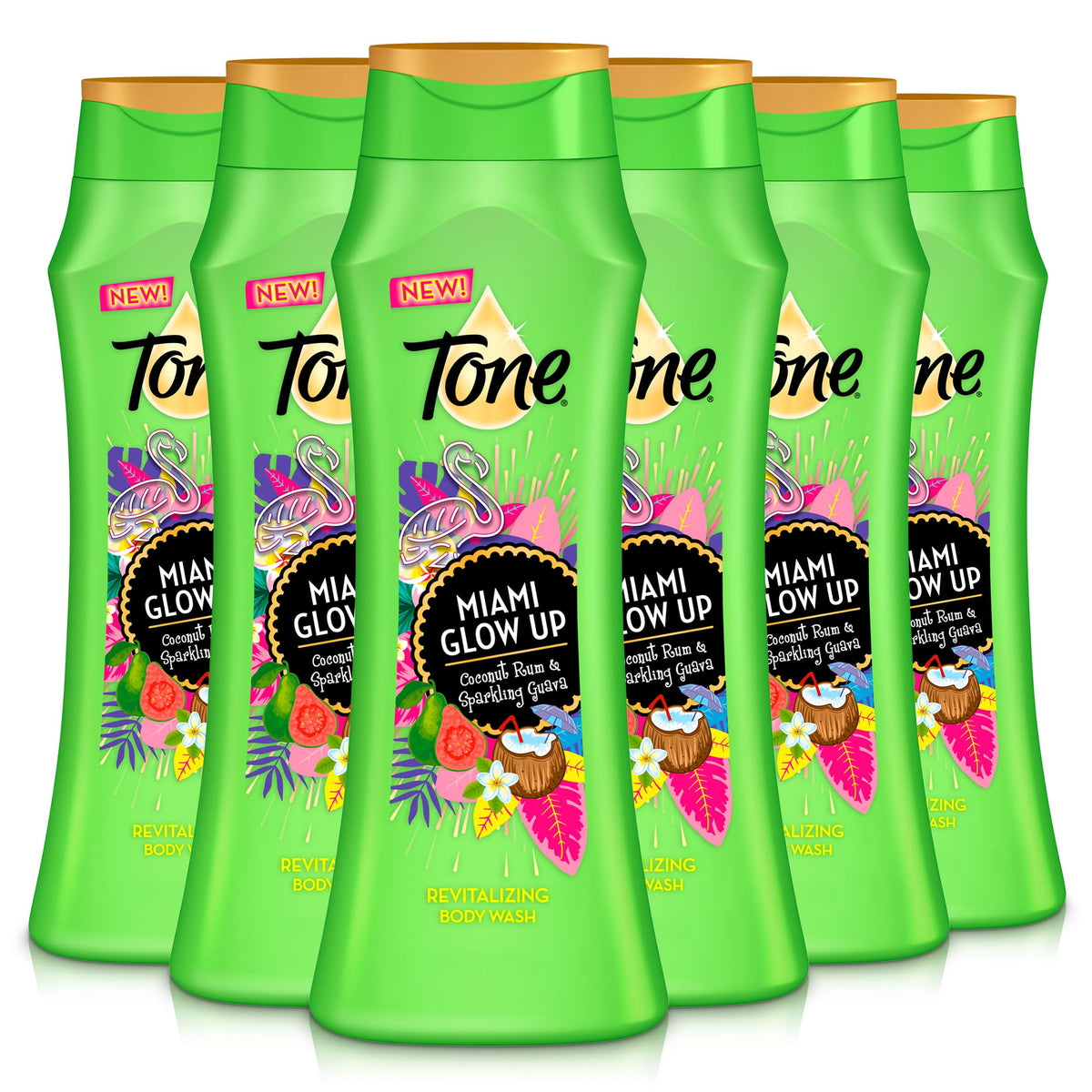 Tone bottle front view showing Miami Glow Up label and tropical appeal