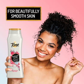 Tone body wash in use on a loofah demonstrating easy lathering and effective cleansing
