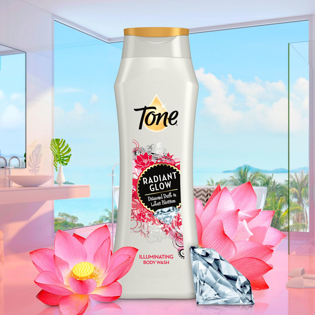 Tone bottle on bathroom shelf in lifestyle scene suggesting daily self-care routine