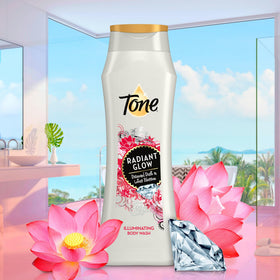 Tone bottle on bathroom shelf in lifestyle scene suggesting daily self-care routine
