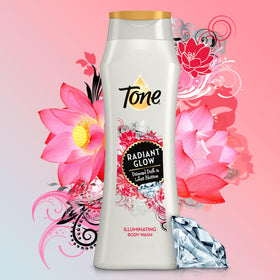 Tone pump and label detail highlighting fragrance and ingredient callouts for trust