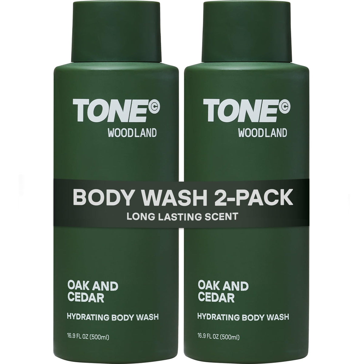 TONE Exclusive front packaging showing Woodland hydrating body wash and benefits