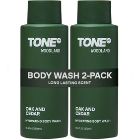 TONE Exclusive front packaging showing Woodland hydrating body wash and benefits