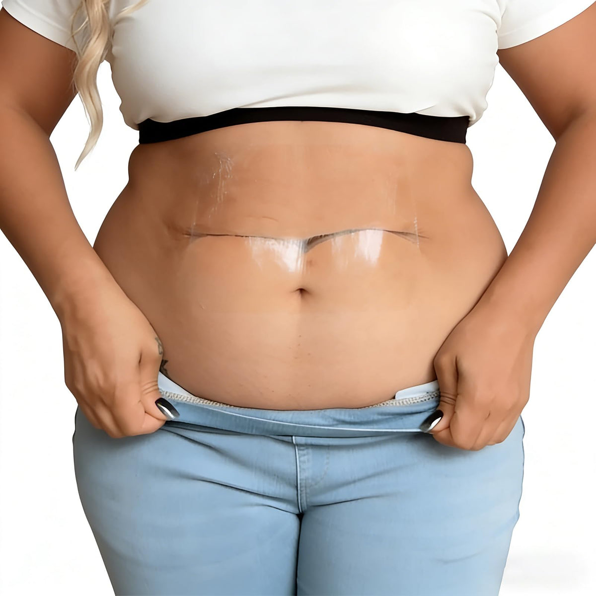 Tonee Skin patch applied on thigh showing immediate lift