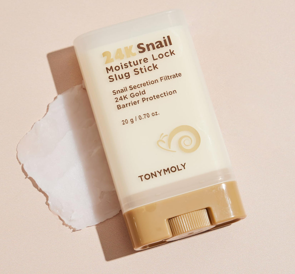 TONYMOLY 24K Snail stick ingredients label highlighting snail mucin and 24K gold benefits