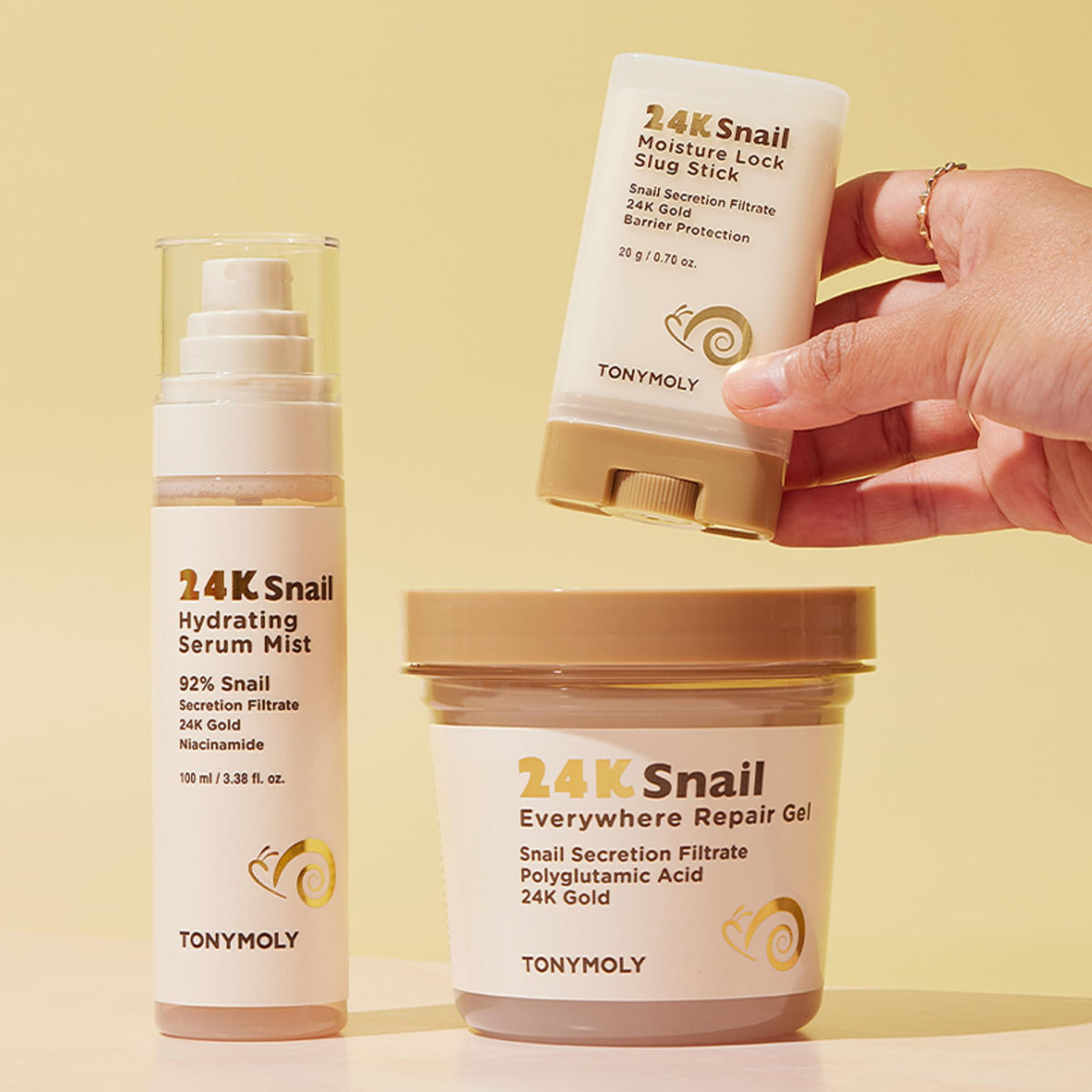 TONYMOLY 24K Snail stick in a purse lifestyle shot illustrating on-the-go moisture benefit