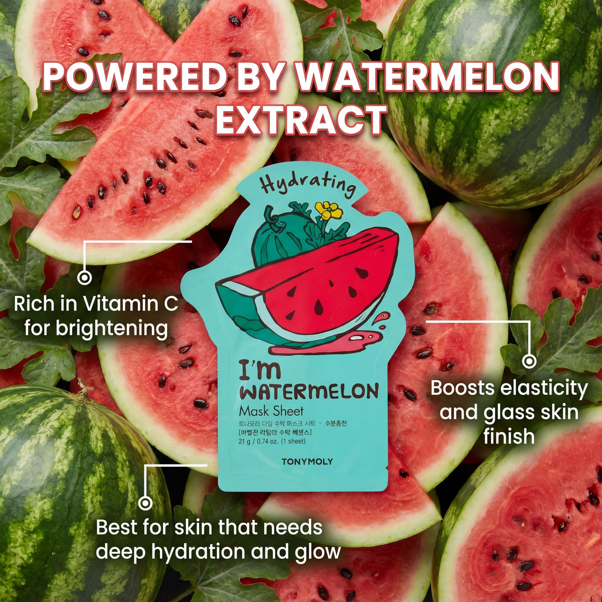 TONYMOLY fresh fruit ingredients arranged to show Lemon Peach Watermelon benefits visually