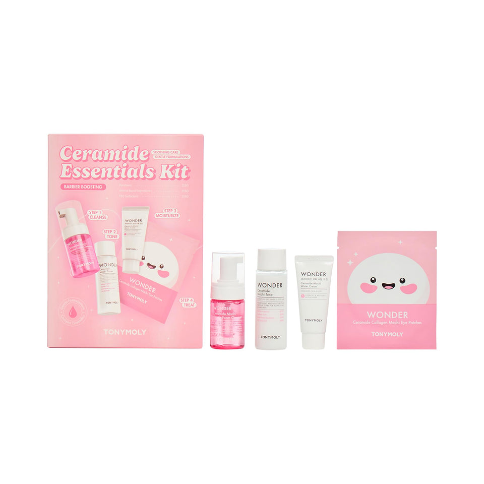TONYMOLY front packaging of the four-piece kit showing compact travel-ready set and benefits