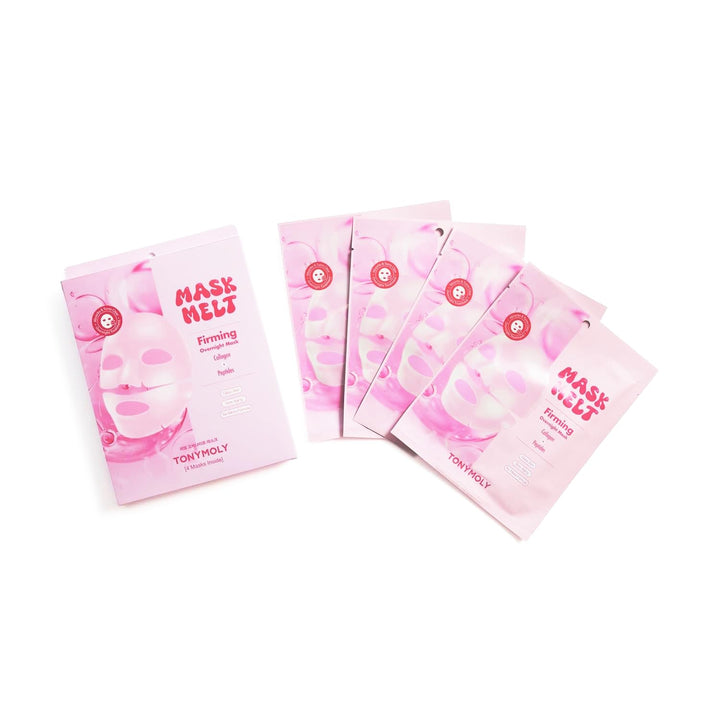 TONYMOLY front packaging showing four boxed melt-on hydrogel masks for firming