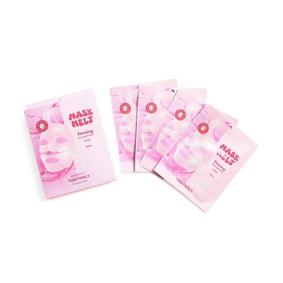 TONYMOLY front packaging showing four boxed melt-on hydrogel masks for firming