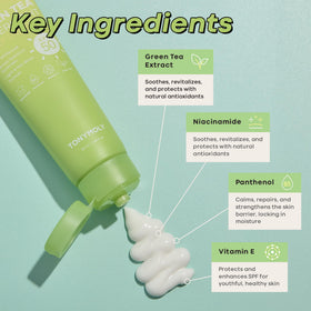 TONYMOLY product label close-up listing green tea and niacinamide