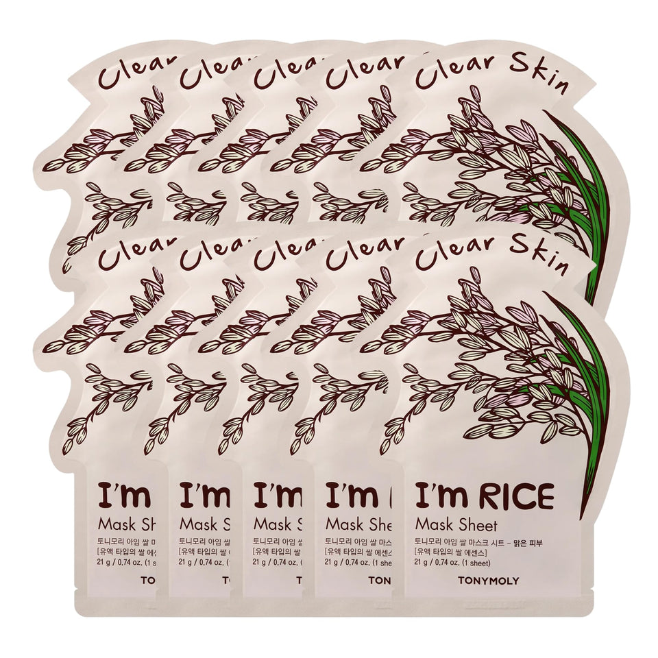 TONYMOLY front packaging showing 10 rice sheet masks and benefits
