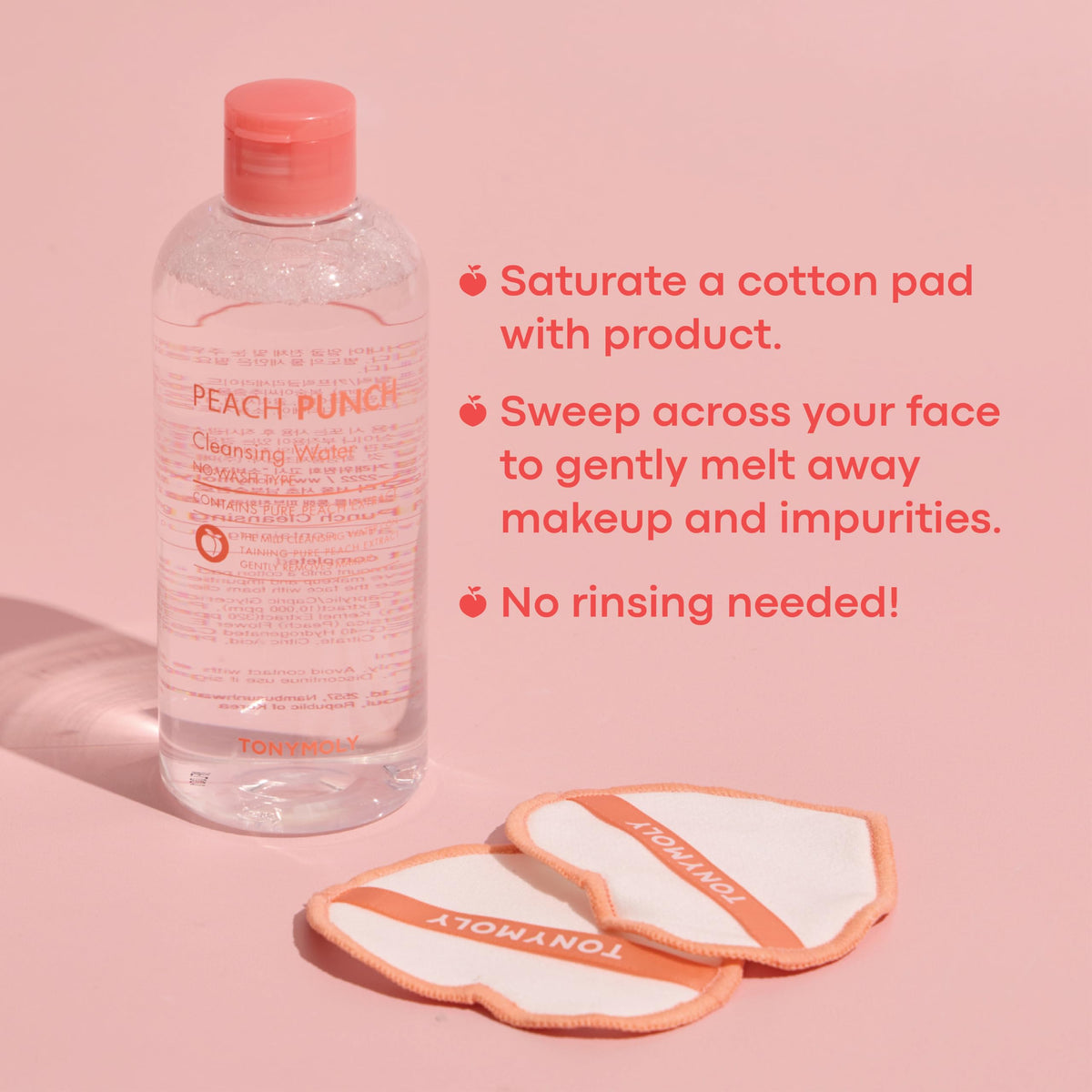 TONYMOLY close-up of cleansing water texture with drops, showing lightweight hydrating feel