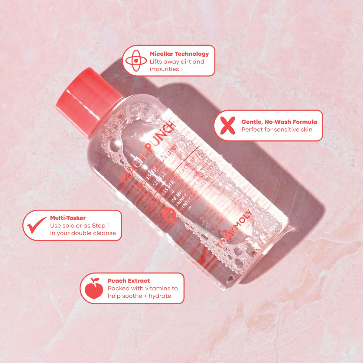 TONYMOLY product in use with cotton pad removing makeup, demonstrating gentle effective cleanse