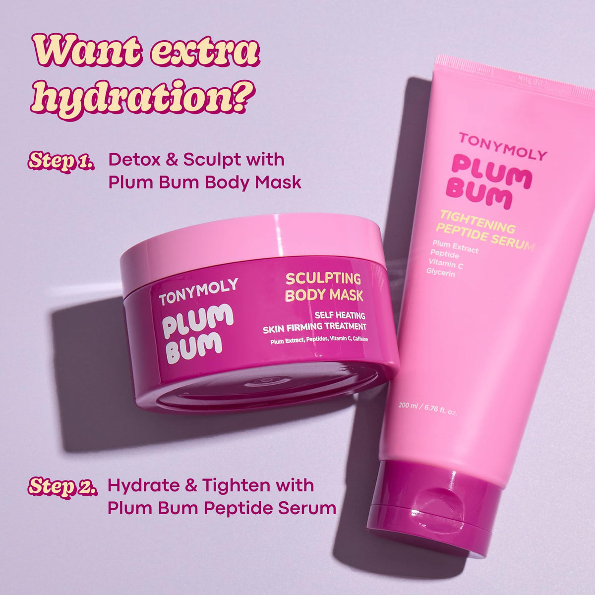 TONYMOLY product in use applying Plum Bum serum to thigh for firmer-looking skin