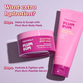 TONYMOLY product in use applying Plum Bum serum to thigh for firmer-looking skin