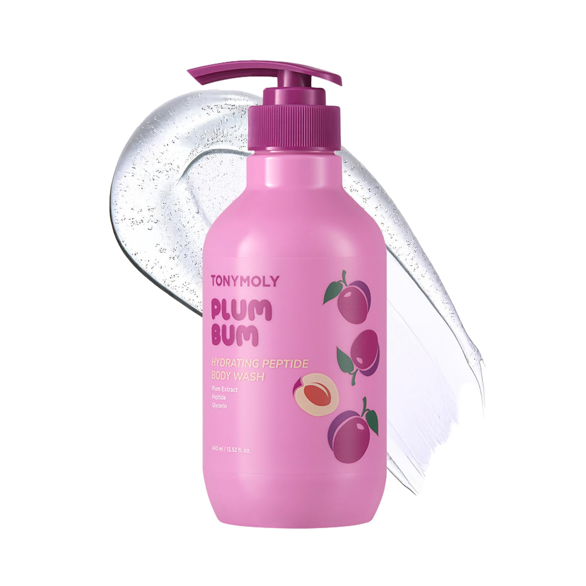 TONYMOLY front packaging showing plum body wash, clear product identity and benefit