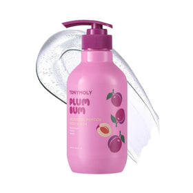 TONYMOLY front packaging showing plum body wash, clear product identity and benefit