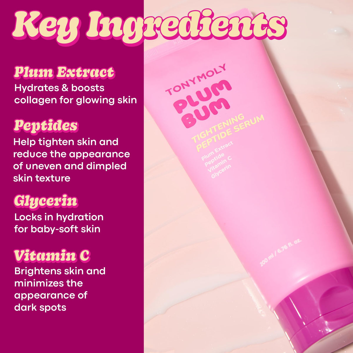 TONYMOLY pump nozzle detail on Plum Bum serum for precise no-mess dispensing