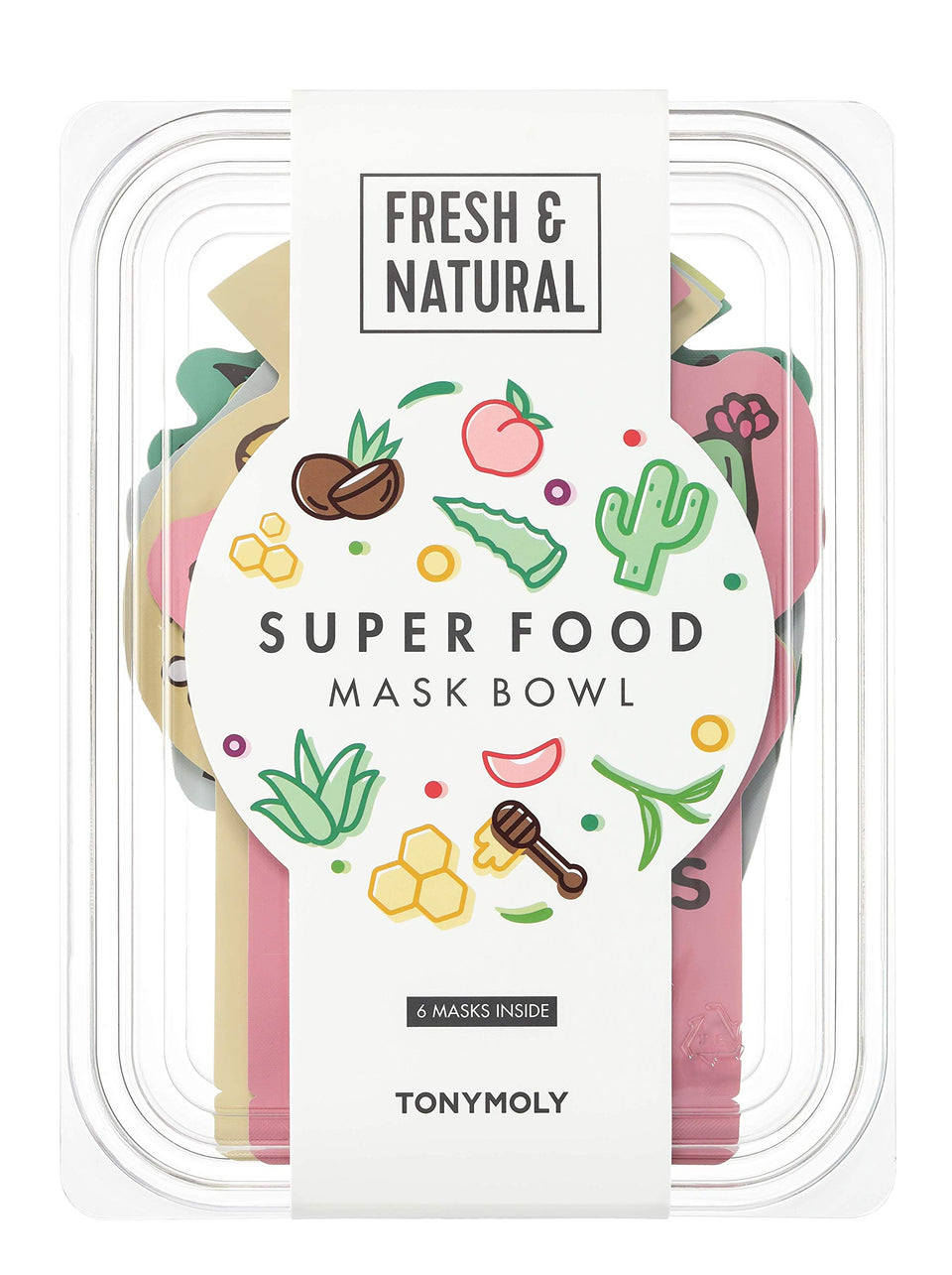 TONYMOLY front packaging of Super Food Mask Bowl showing product bowl and label, clear presentation benefit