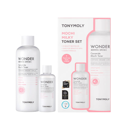 TONYMOLY front packaging of Wonder Ceramide Mochi Milky Toner set showing bottle duo and branding benefits