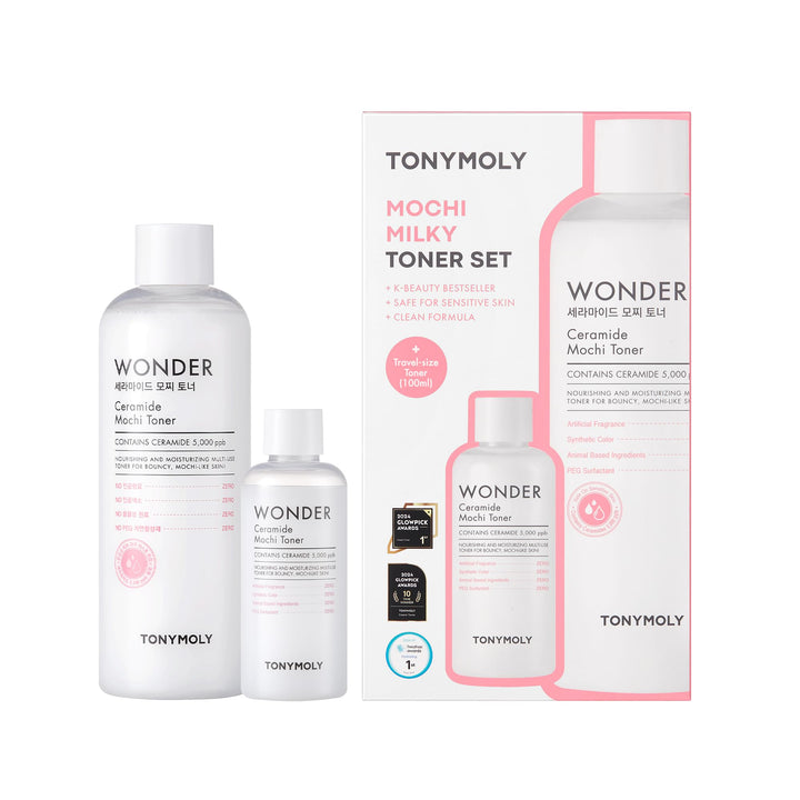 TONYMOLY front packaging of Wonder Ceramide Mochi Milky Toner set showing bottle duo and branding benefits
