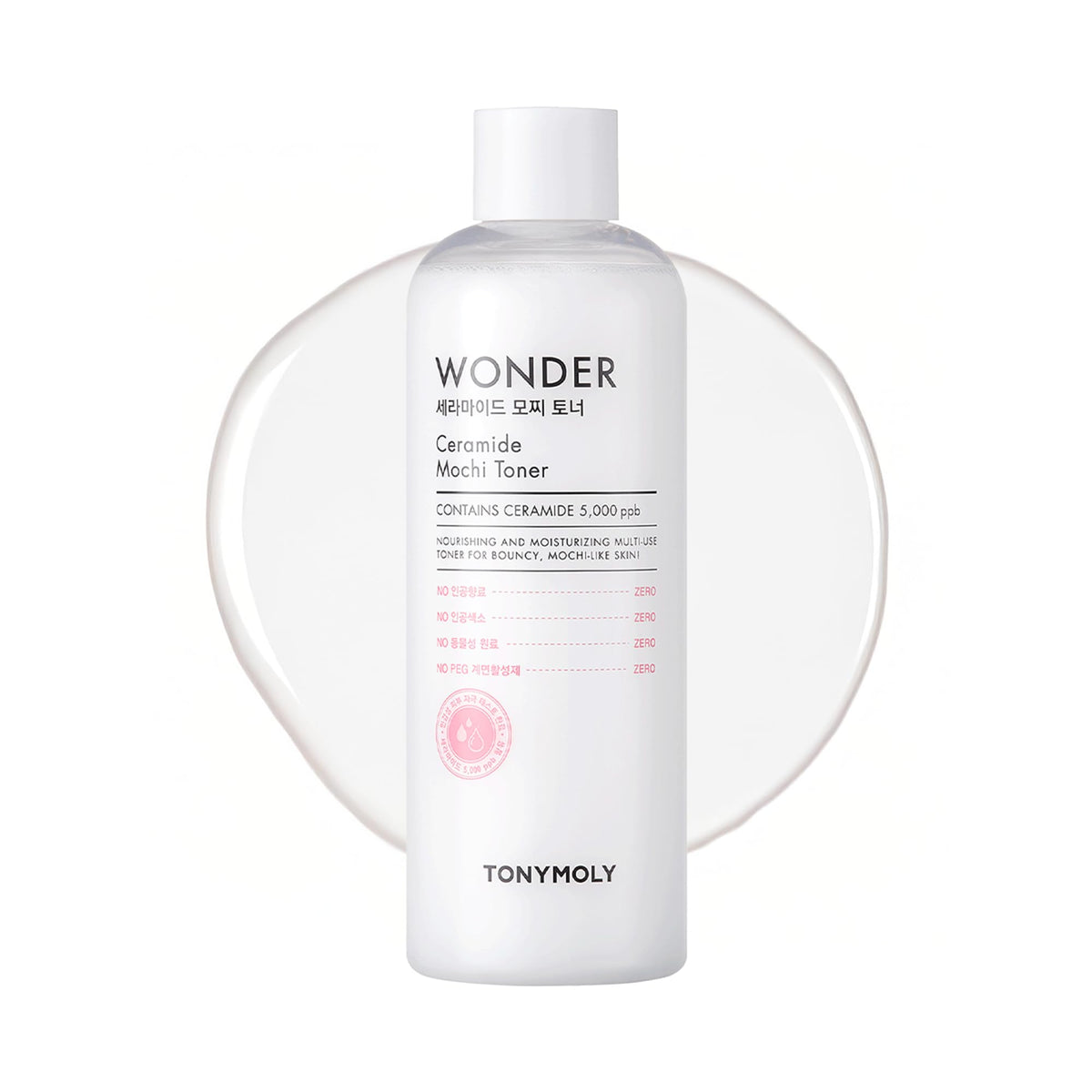 TONYMOLY front packaging showing large 500ml bottle and clear benefits