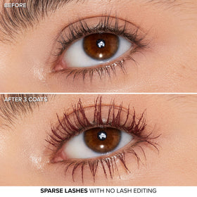 Too Faced before and after lash comparison, illustrates volumizing false-lash effect