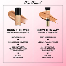 Too Faced applying foundation in a mirror showing natural finish confidence benefit