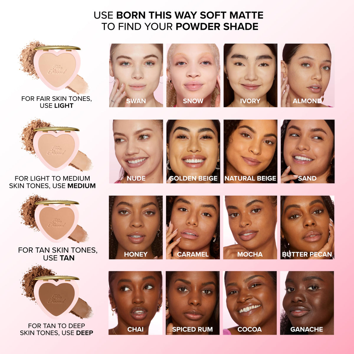 Too Faced open compact revealing powder pan and pan shape for easy touch-ups benefit