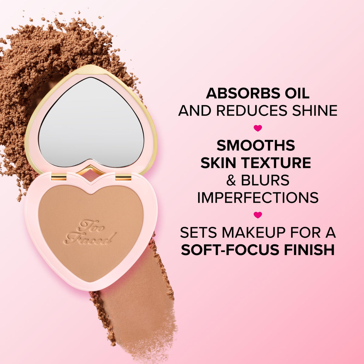 Too Faced powder applied on model near mirror for natural matte look