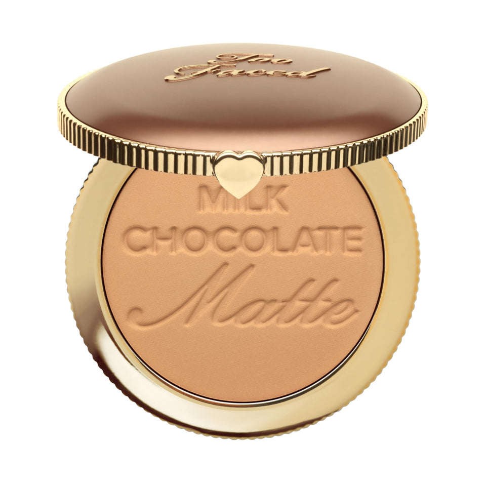 Too Faced compact front view showing matte bronzer packaging and travel benefit