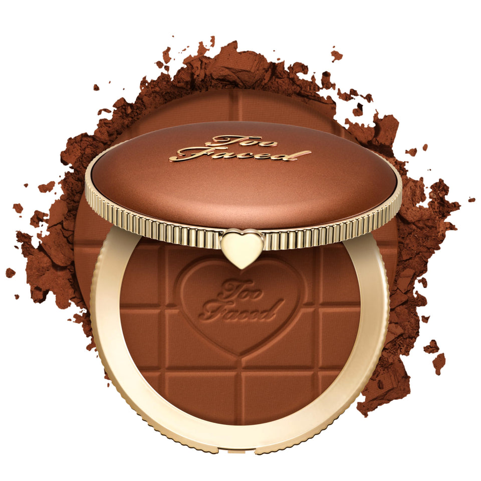 Too Faced compact front view showing matte bronzer and packaging benefit portability