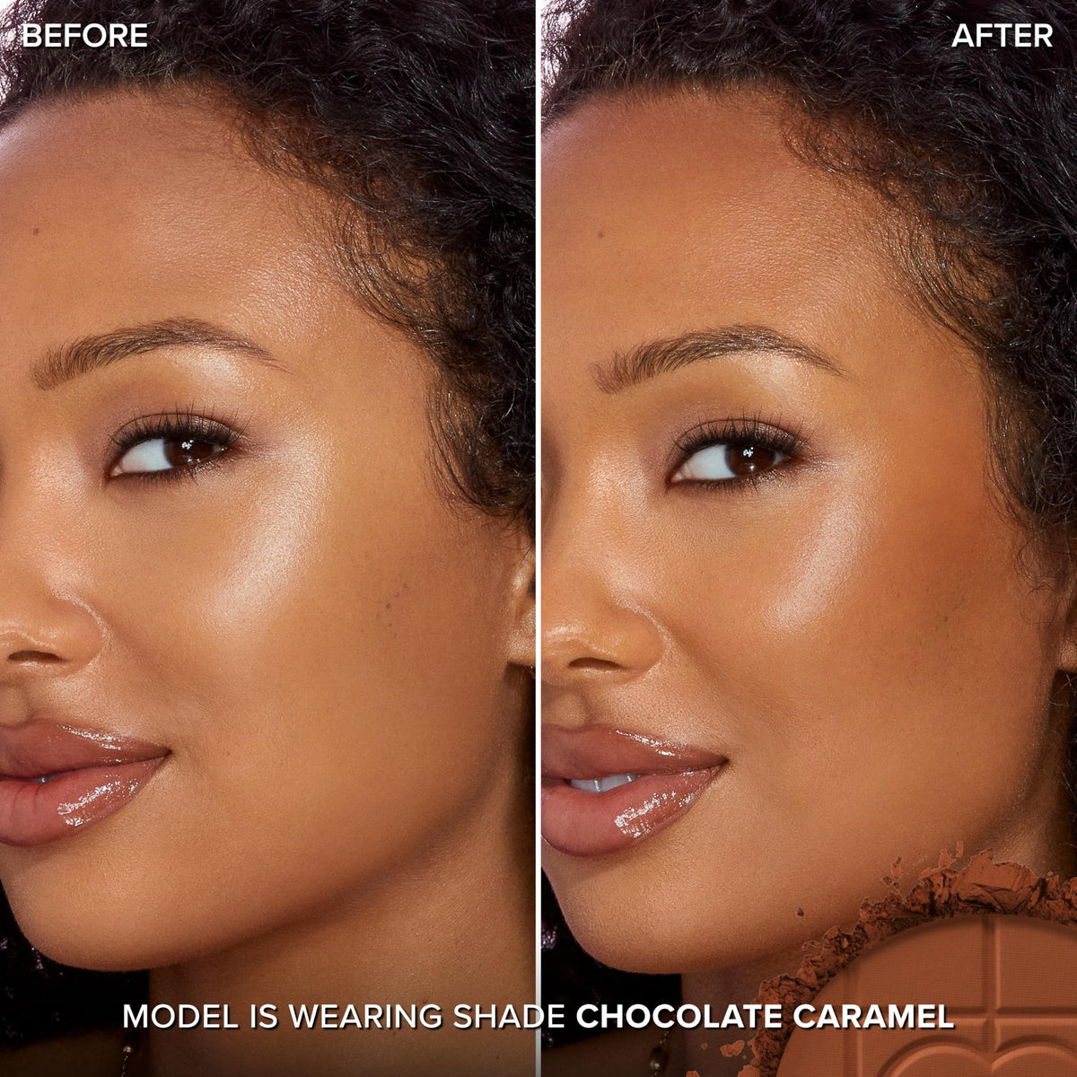 Too Faced open pan close-up showing Chocolate Caramel shade and smooth finish