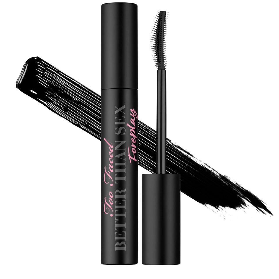 Too Faced Foreplay front packaging showing black primer tube and branding, highlights product benefits