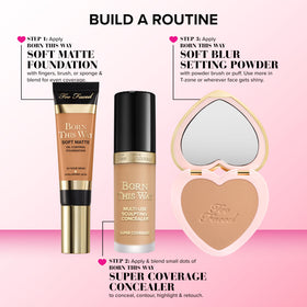 Too Faced foundation in a makeup bag lifestyle scene showing convenience and everyday wear
