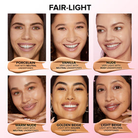 Too Faced Light Beige bottle against neutral background showing true shade tone benefit