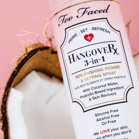 Too Faced bottle label detail highlighting ingredients and claim