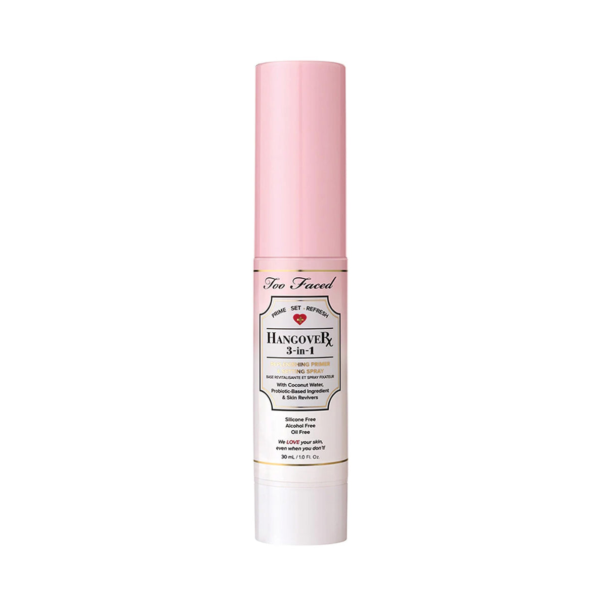 Too Faced front packaging showing travel-size spray and benefits