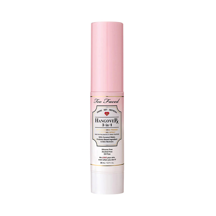 Too Faced front packaging showing travel-size spray and benefits
