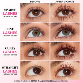 Too Faced hourglass brush close-up showing bristles, helps separate and coat lashes