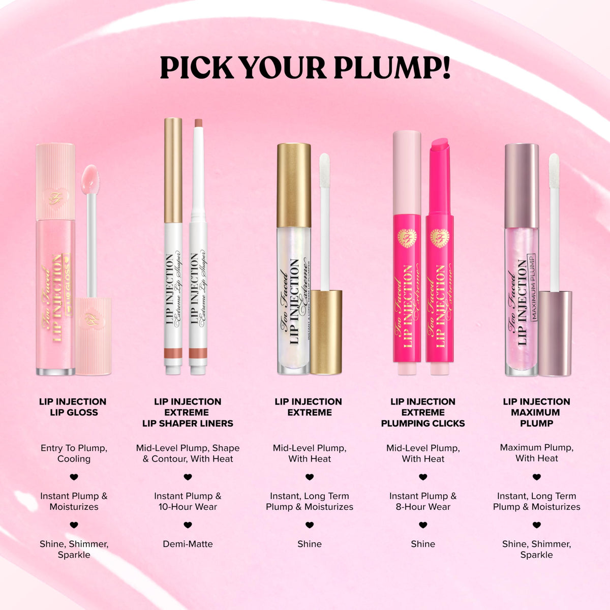 Too Faced label close-up showing LIP INJECTION technology and vegan benefit