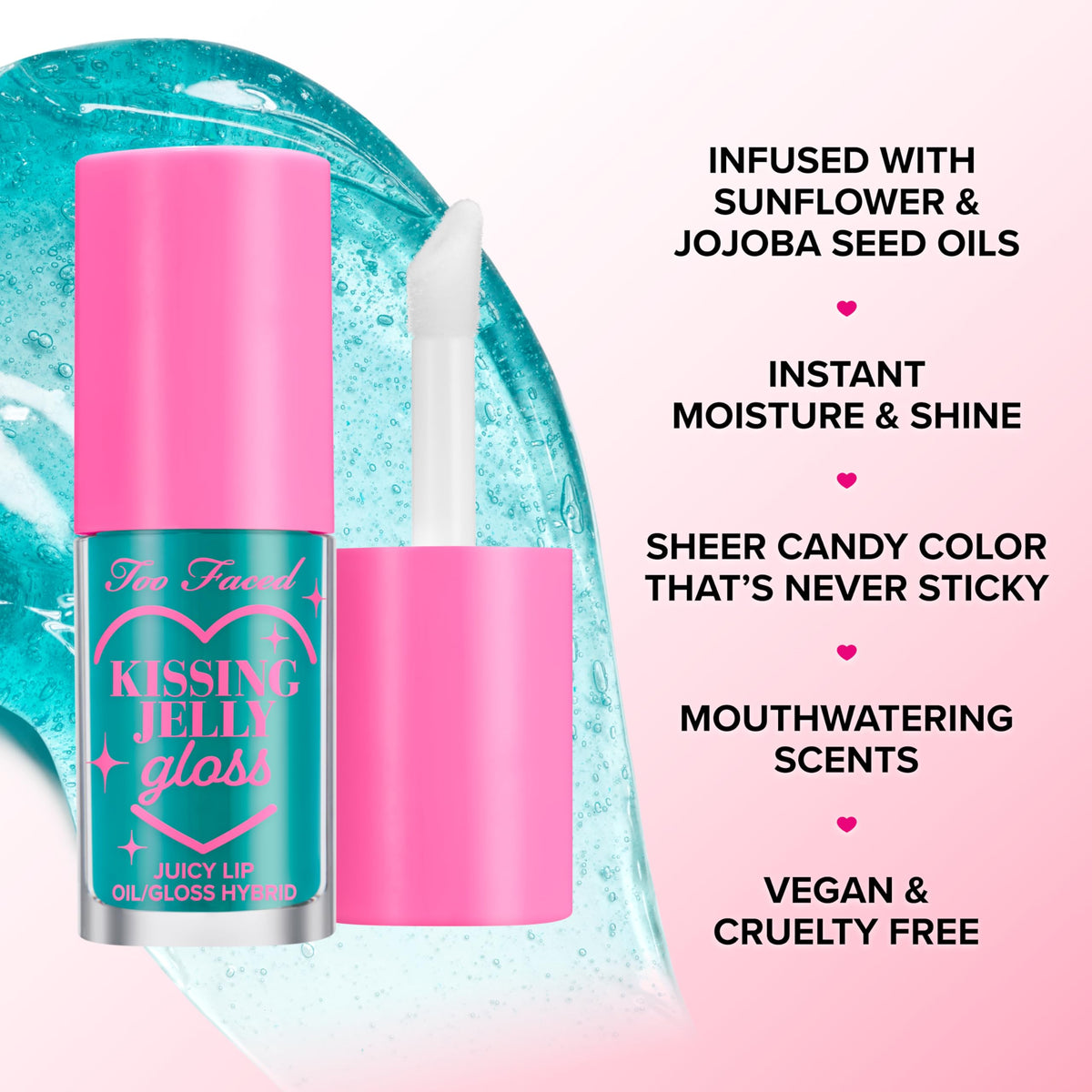 Too Faced bubblegum swatch on hand showing sheer tint and glossy sheen benefit
