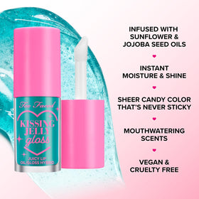 Too Faced Kissing Jelly lifestyle model kissing to show wearable shine and juicy scent benefit