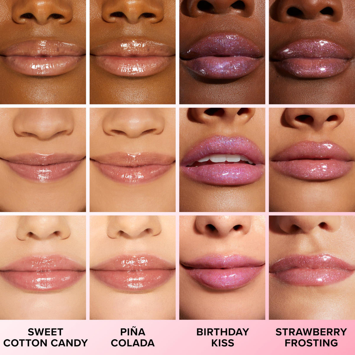 Too Faced lips before and after showing visible shine and softened look benefit