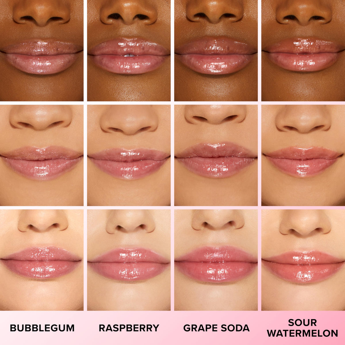Too Faced texture swipe of gloss showing glossy, lightweight hydration