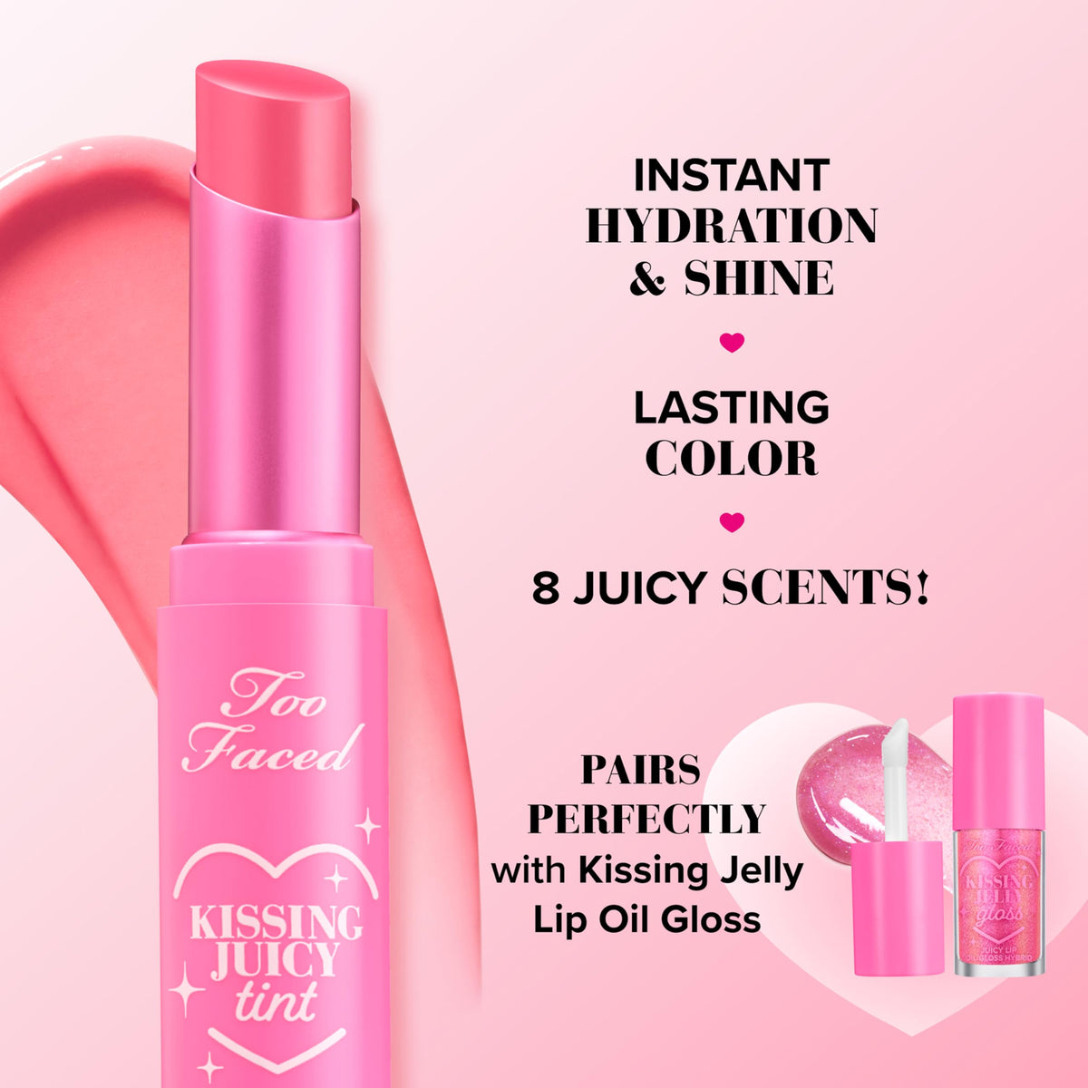 Too Faced paired with Kissing Jelly Lip Oil Gloss showing layering for extra shine