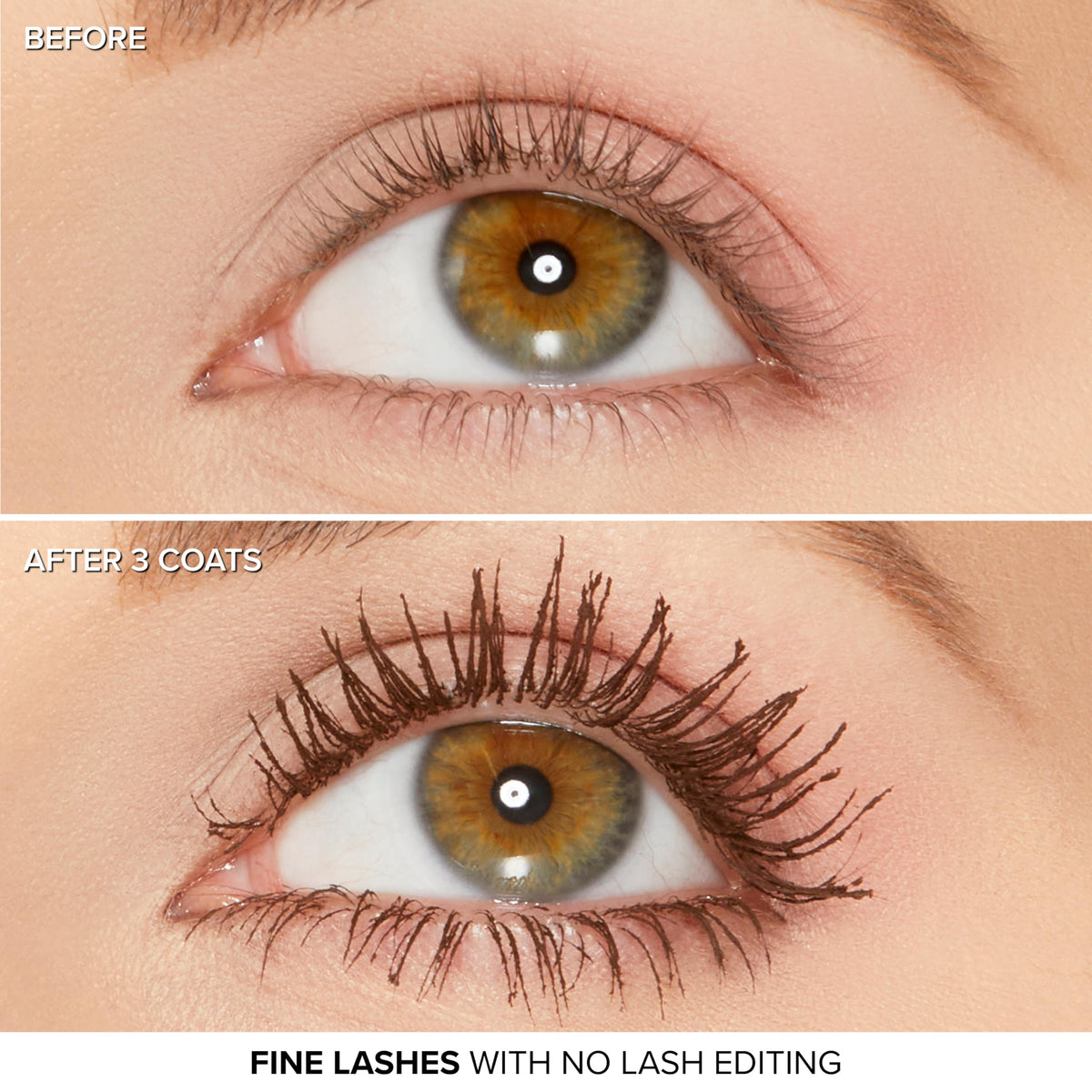 Too Faced before and after lashes showing dramatic volume and length