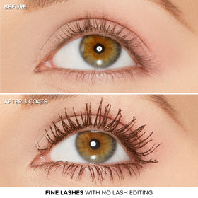 Too Faced before and after lashes showing dramatic volume and length