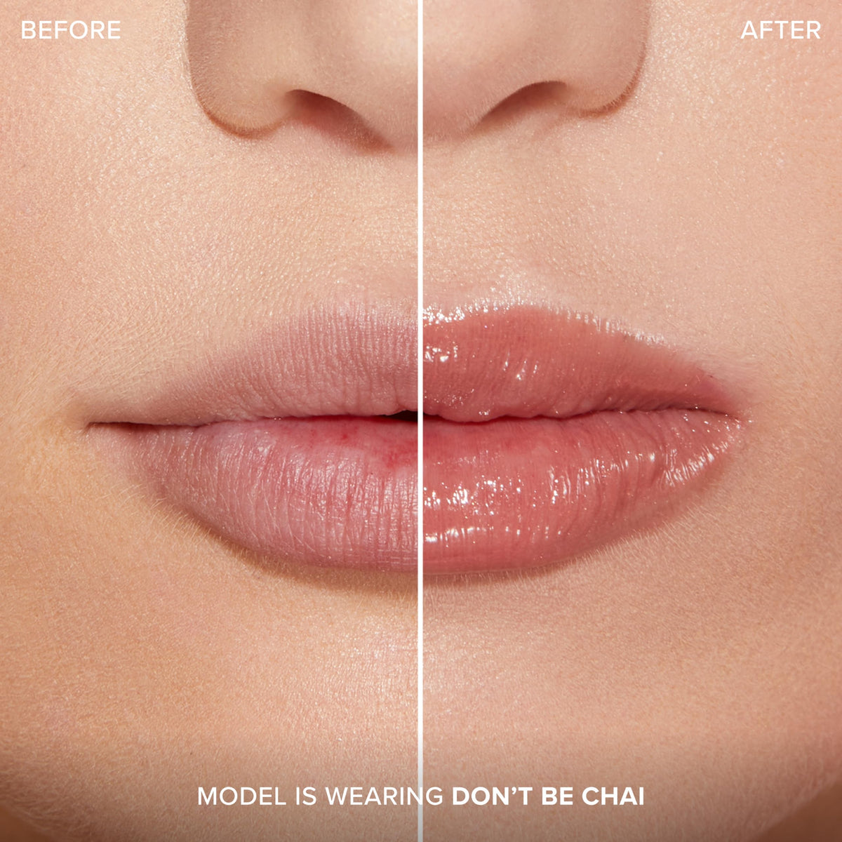 Too Faced side-profile of lips wearing product highlighting added plump and hydration
